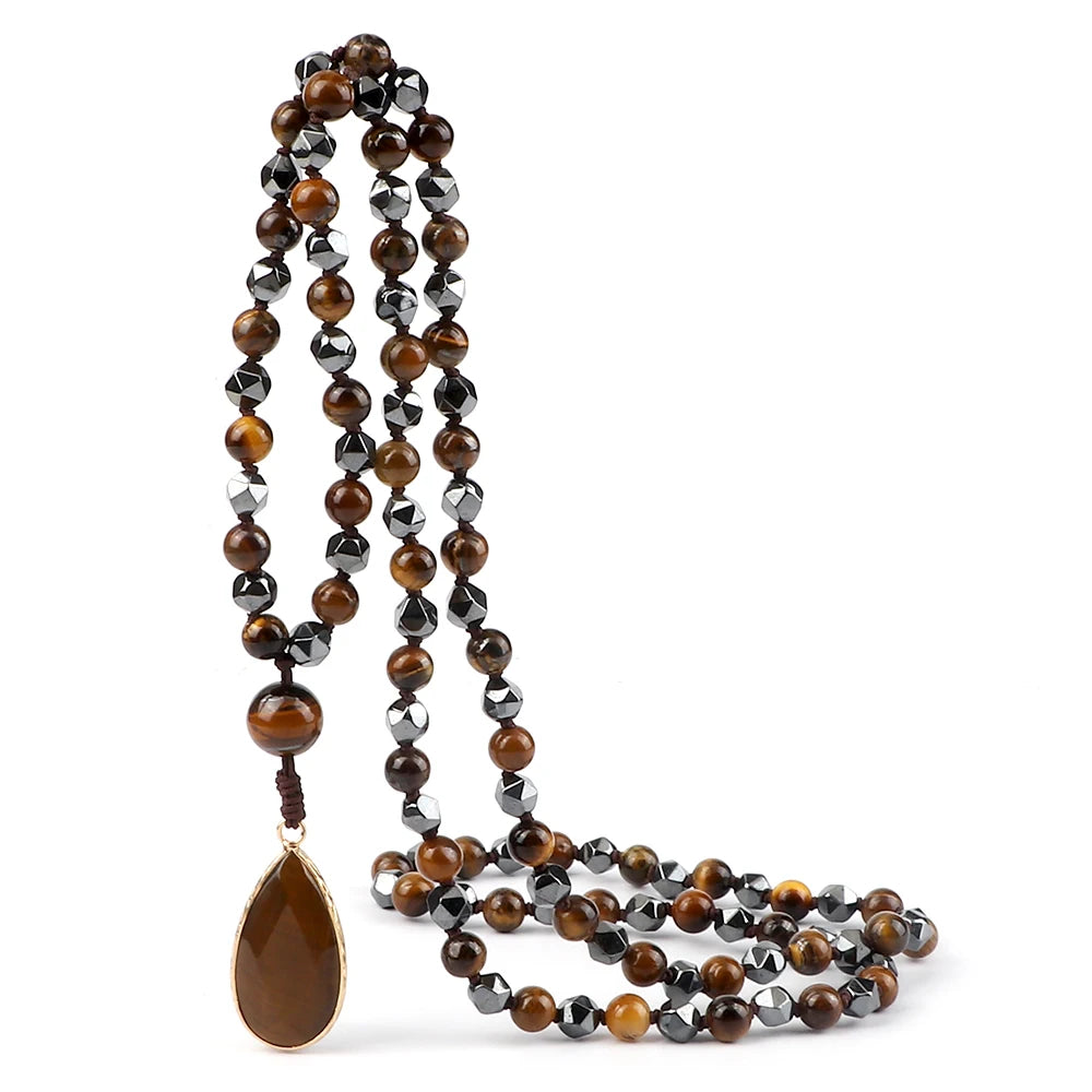 Hematite Tiger Eye 108 Bead Long Necklace Jewelry