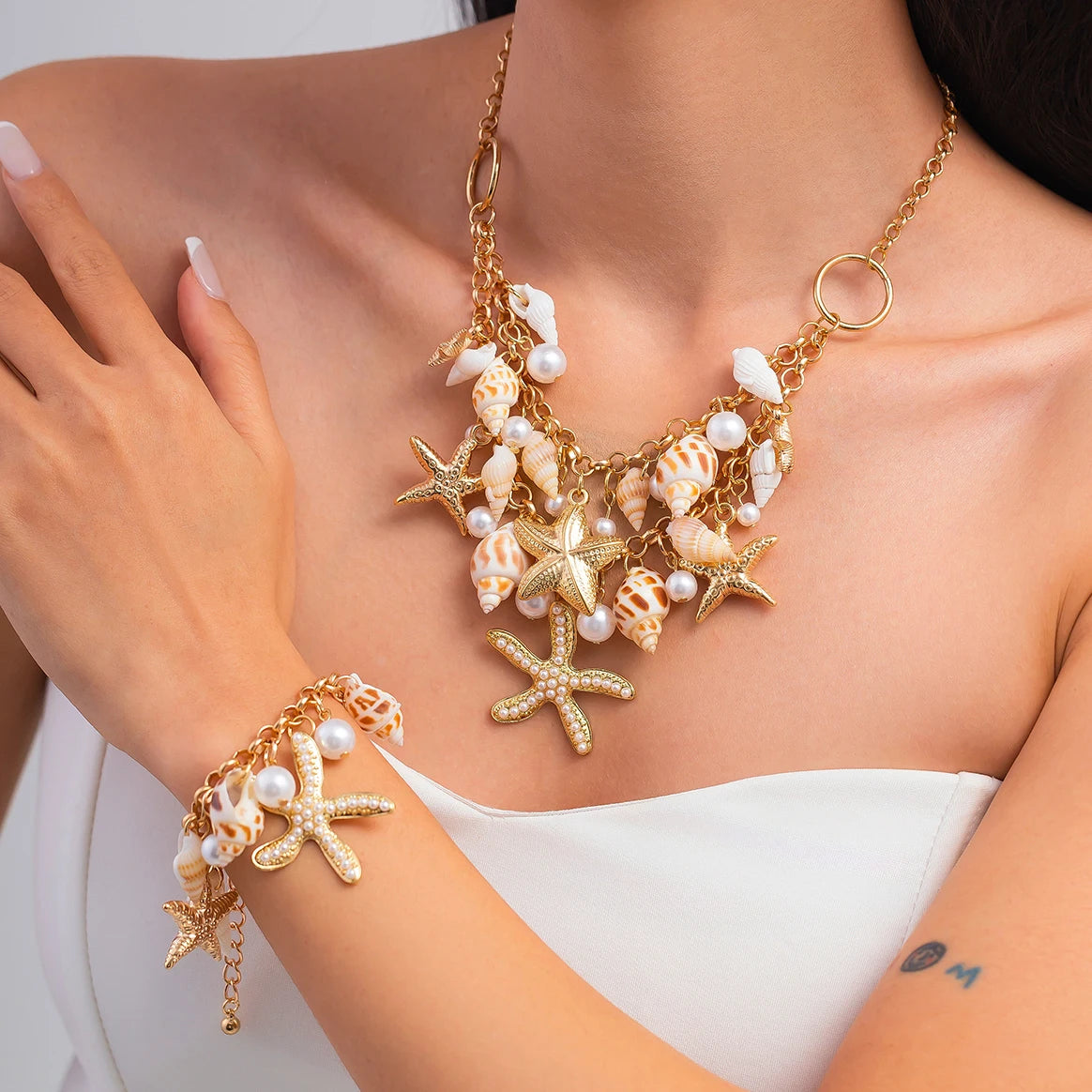 Starfish Conch Choker Necklace Bracelet Set Jewelry