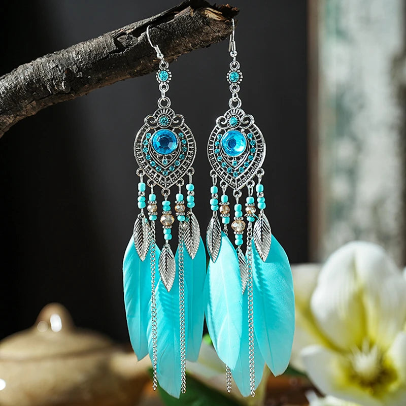 Blue Enamel Feather Crystal Long Earrings Jewelry