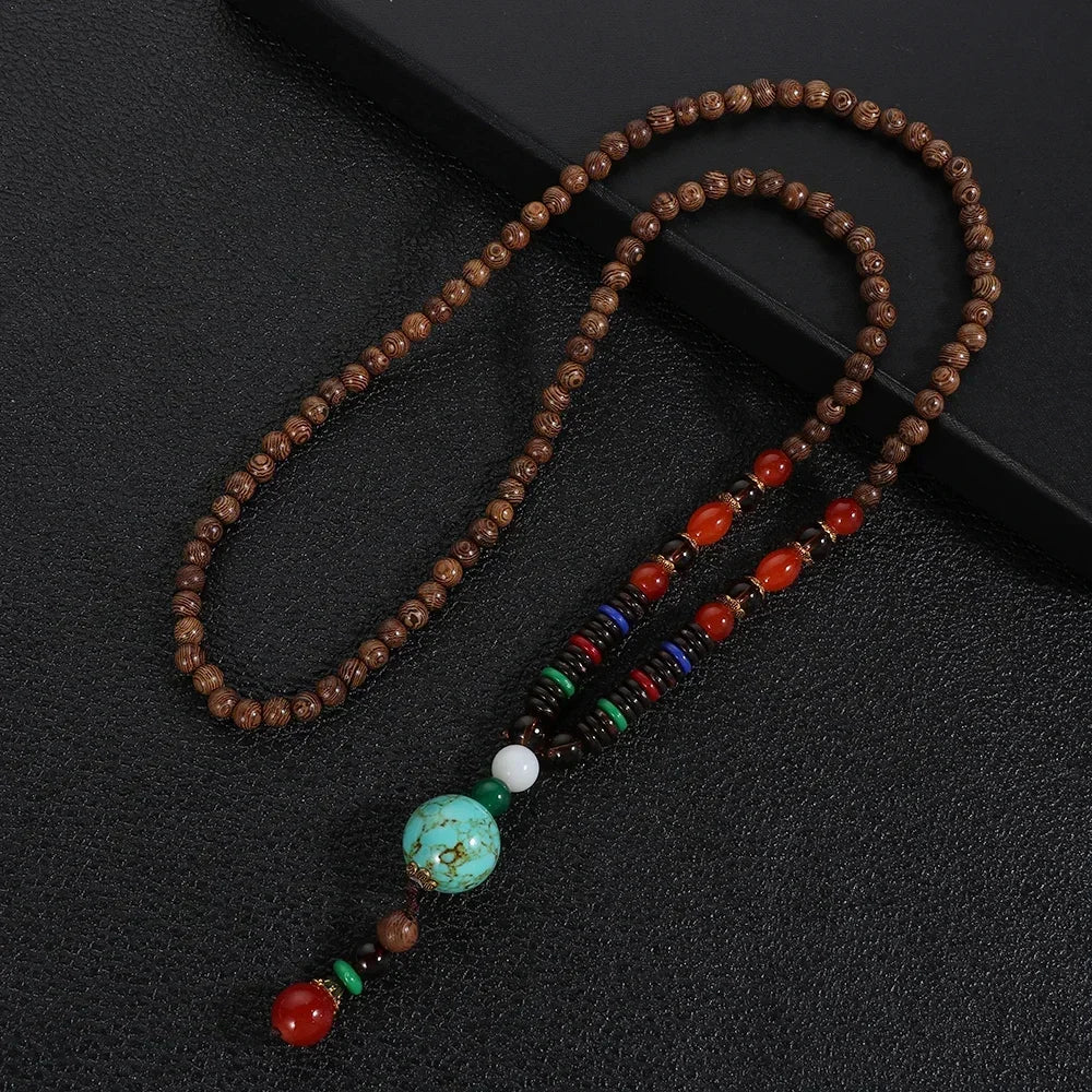 Nepal Wood Bead Mala Pendant Necklace Jewelry