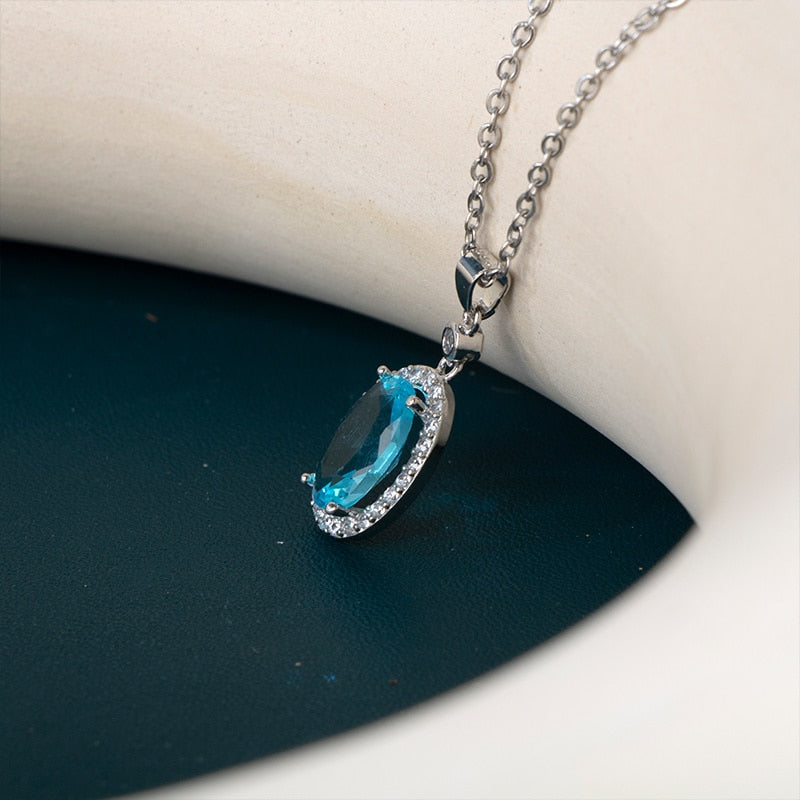 JoiasHome Fashion Silver 925 Jewelry For Women 6*8mm Oval Aquamarine Pendant Necklace Female Wedding Clavicle Chain Gift