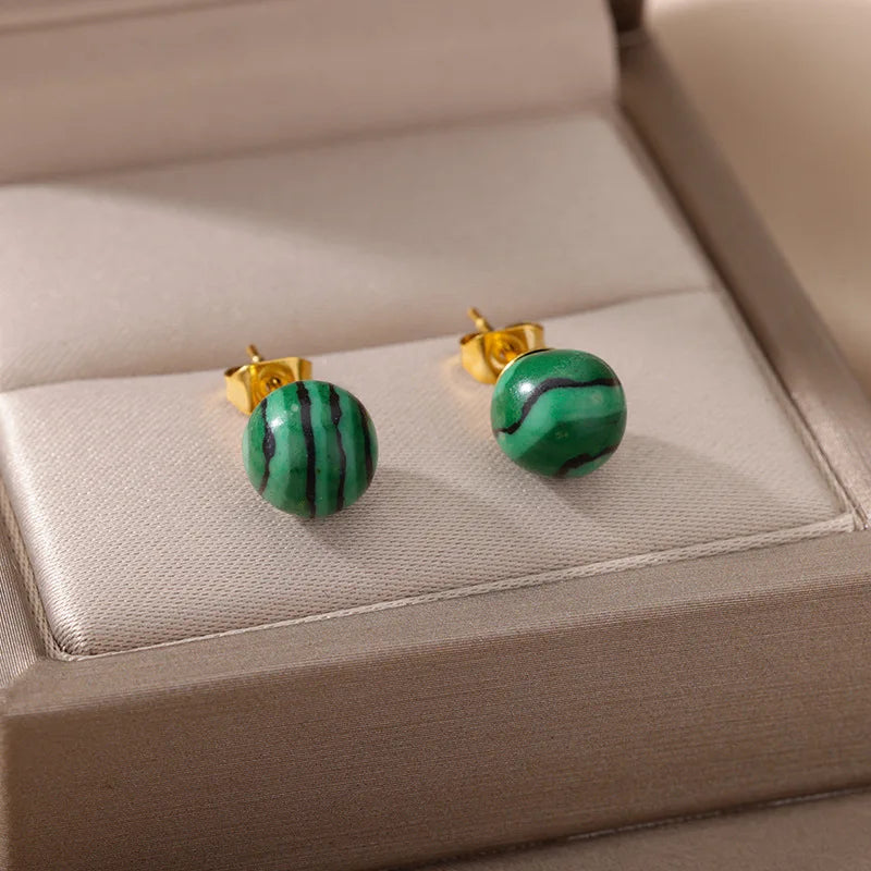 1 Pair Natural Stone Stud Earrings For Women Men Round Turquoises Tiger Eye Lapis Lazuli Beads Earring Fashion Jewelry Gift - Charlie Dolly