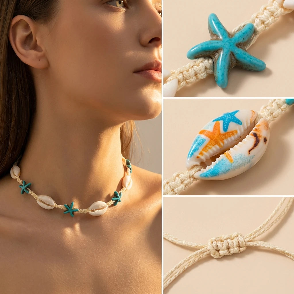 Cowrie Shell Boho Choker with Blue Starfish Beads