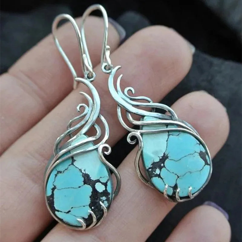 Blue Stone Hollow Silver Geometric Earrings Jewelry