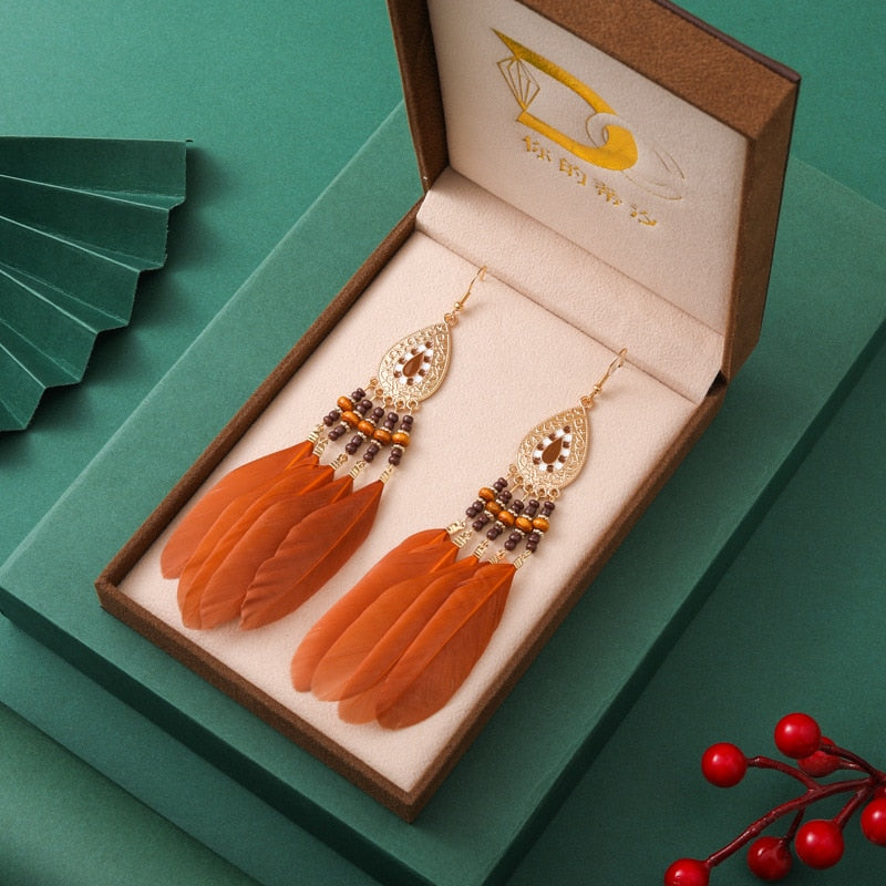 Vintage Long Water Drop Feather Earrings for Women Elegant Insert Rhinestone Crystal Bead Leaf Tassel Earring Female Jewelry