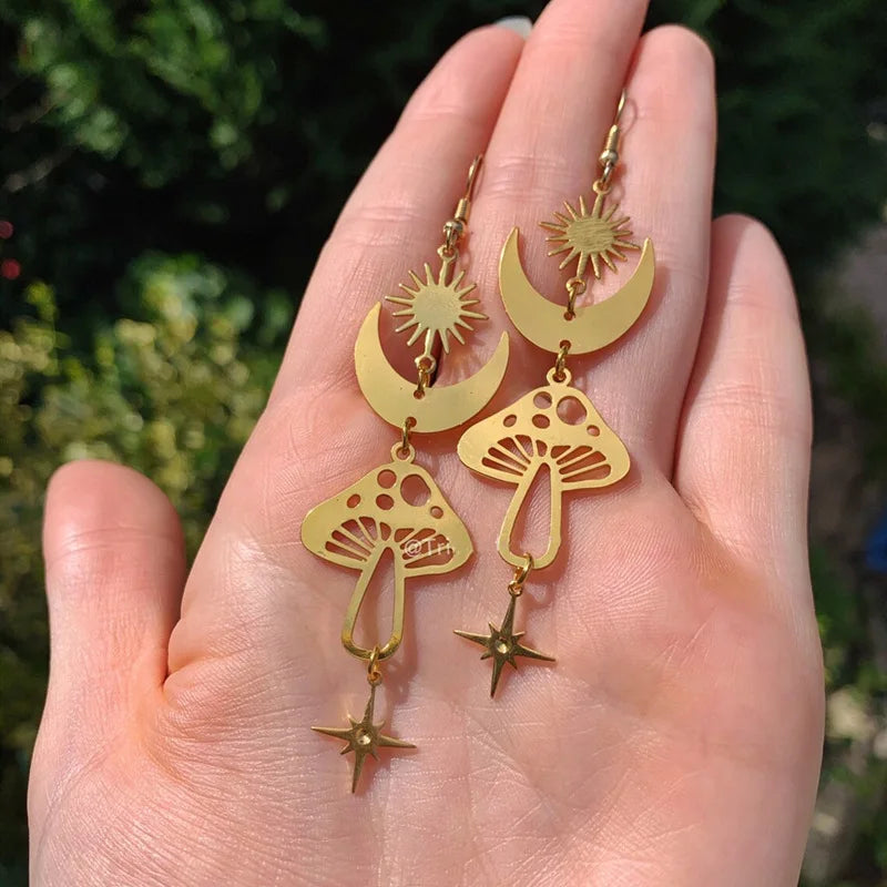 Moon Phase Mushroom Drop Earrings