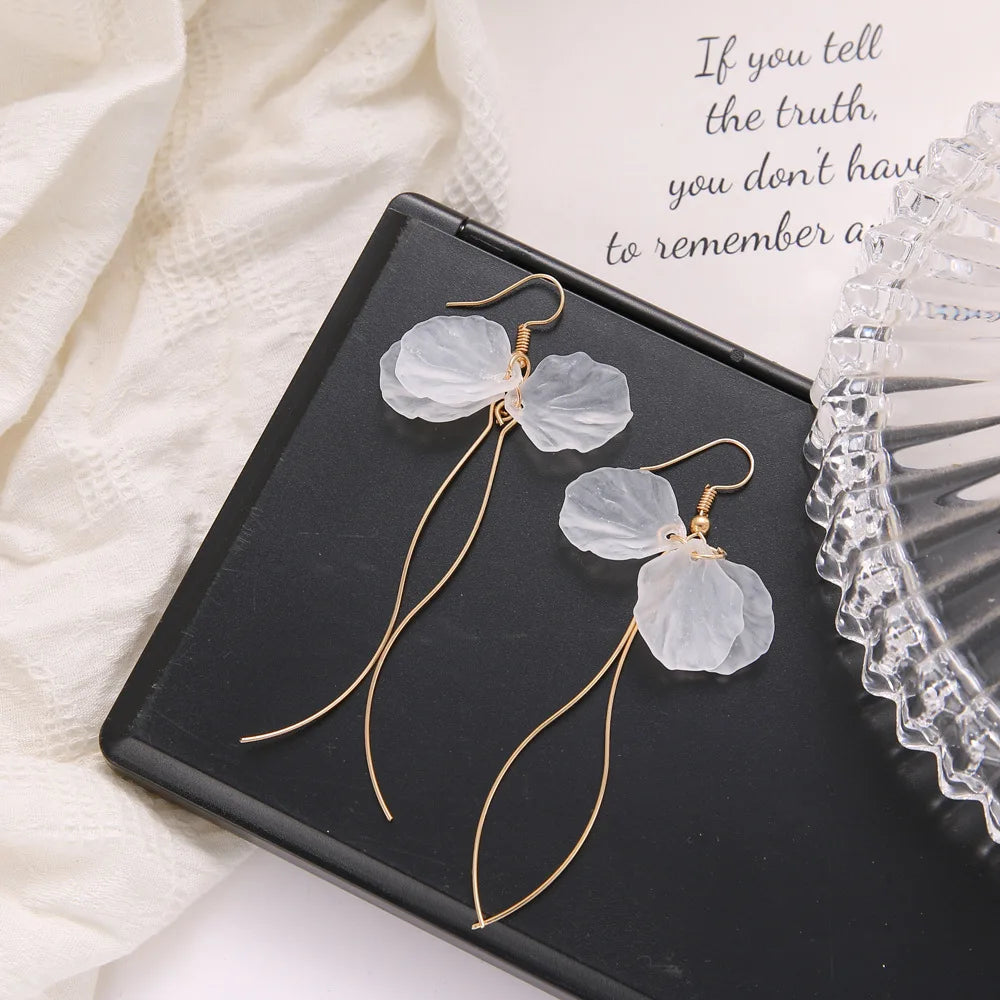 White Flower Crystal Long Drop Earrings Jewelry