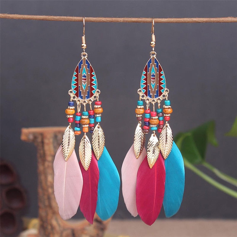 Boho Long Feather Dangle Women's Earrings Beach Long Tassel Beads Handmade Flower Enamel Earrings Bride Wedding Pendientes Mujer