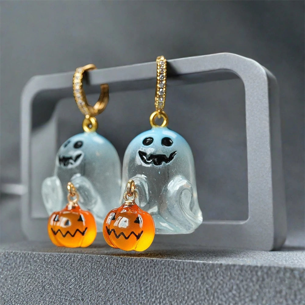Fashion Halloween Ghost Drop Stud Earrings Women Girl Cute Punk Pumpkin Stainless Steel Jewelry Crystal Hook Dangle Party Gifts - Charlie Dolly