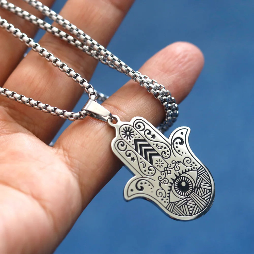 Turkish Evil Eye Fatima Hamsa Hand Amulet Necklace, Middle Eastern Protection Talisman
