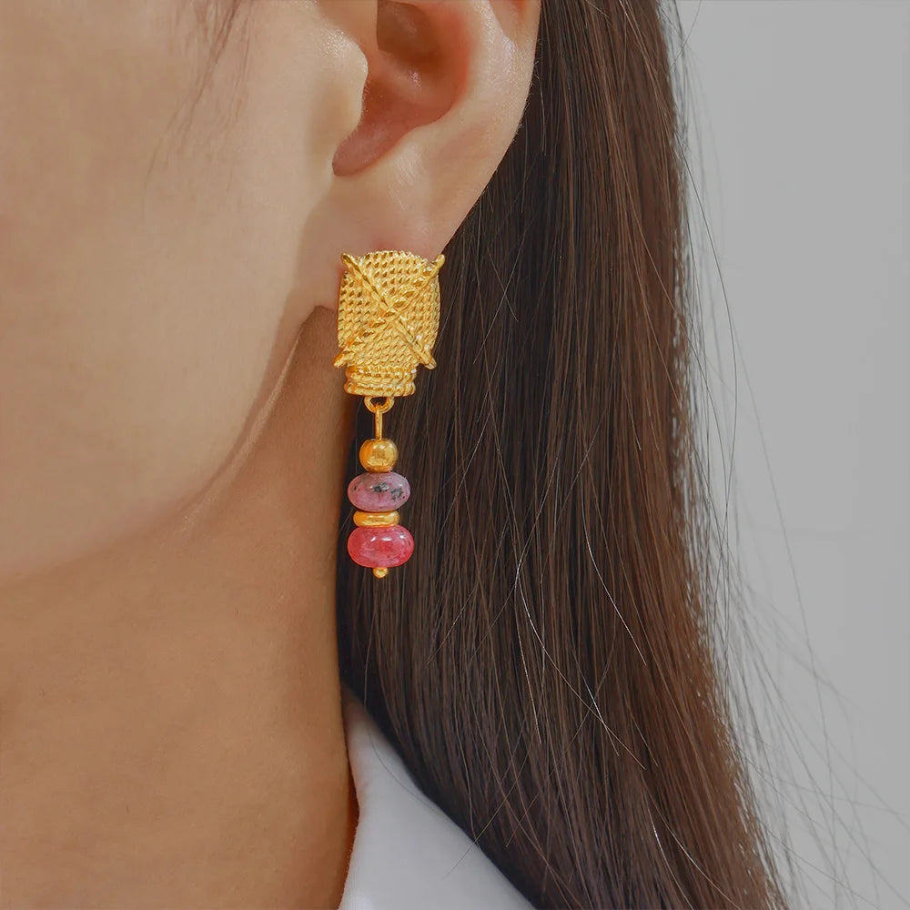 Multi-Color Natural Stone Dangle Earrings, Waterproof Stainless Steel Boho Jewelry