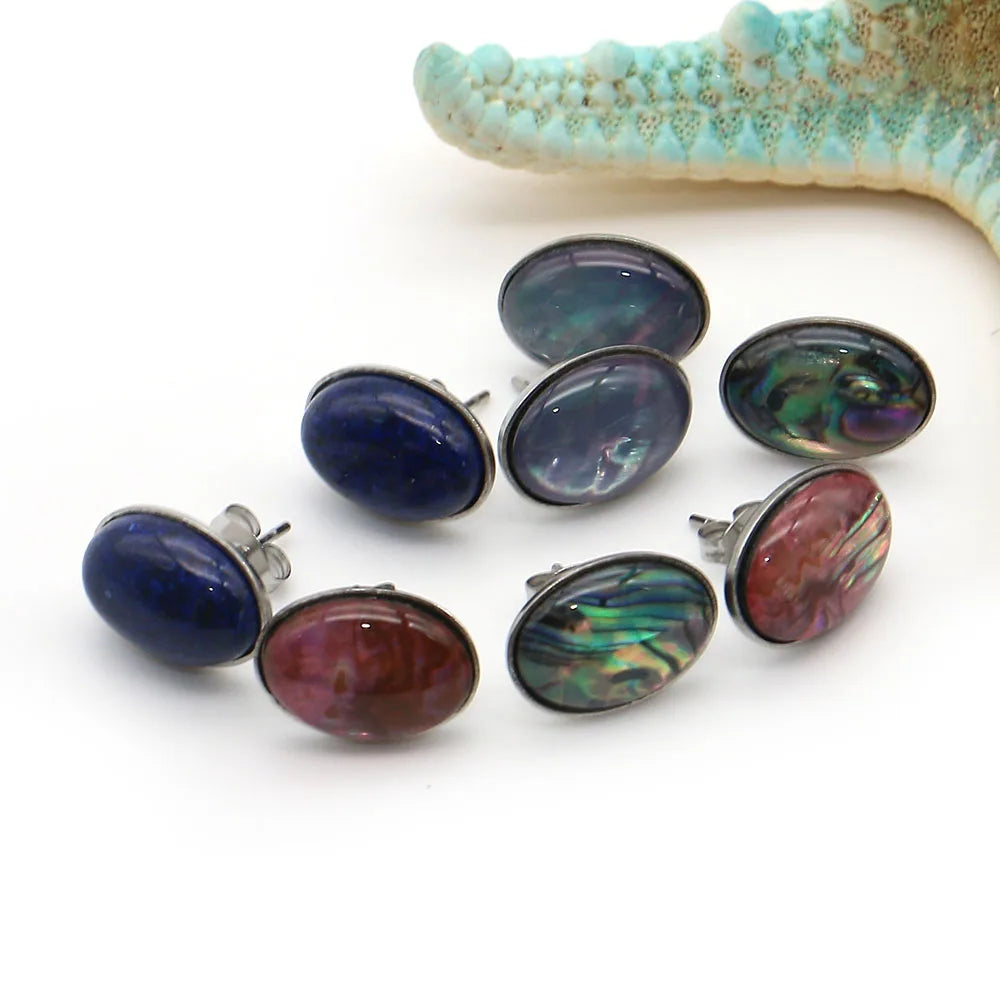 Natural Lapis Lazuli Stud Earrings Oval Shape Imitation Abalone Shell Stainless Steel Simple Ear Jewelry for Women Earring Gifts - Charlie Dolly