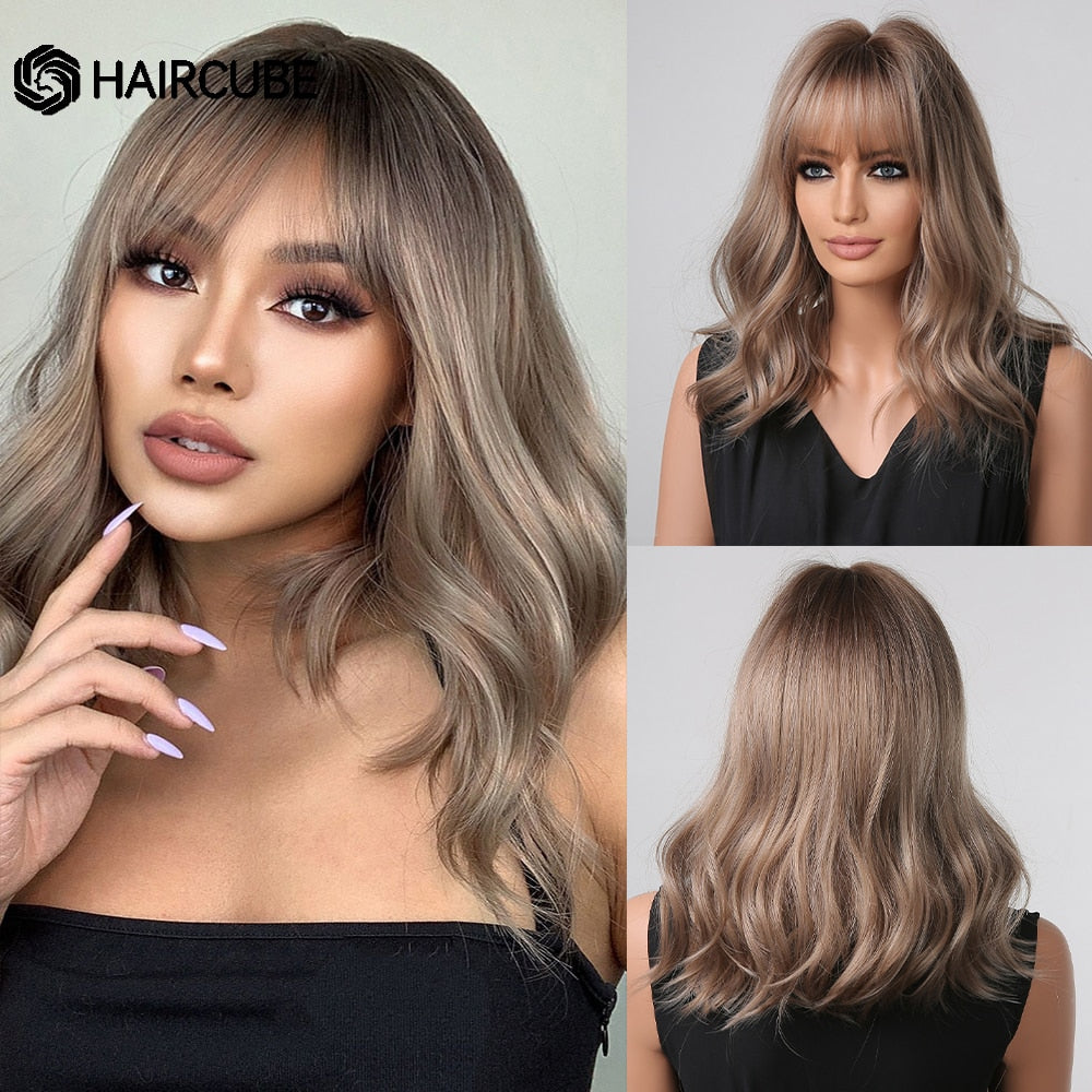 Medium Length Water Wave Synthetic Wigs Cute Pink Wigs With Bangs for Women Cosplay Natural Heat Resistant Bob Lolita Hair