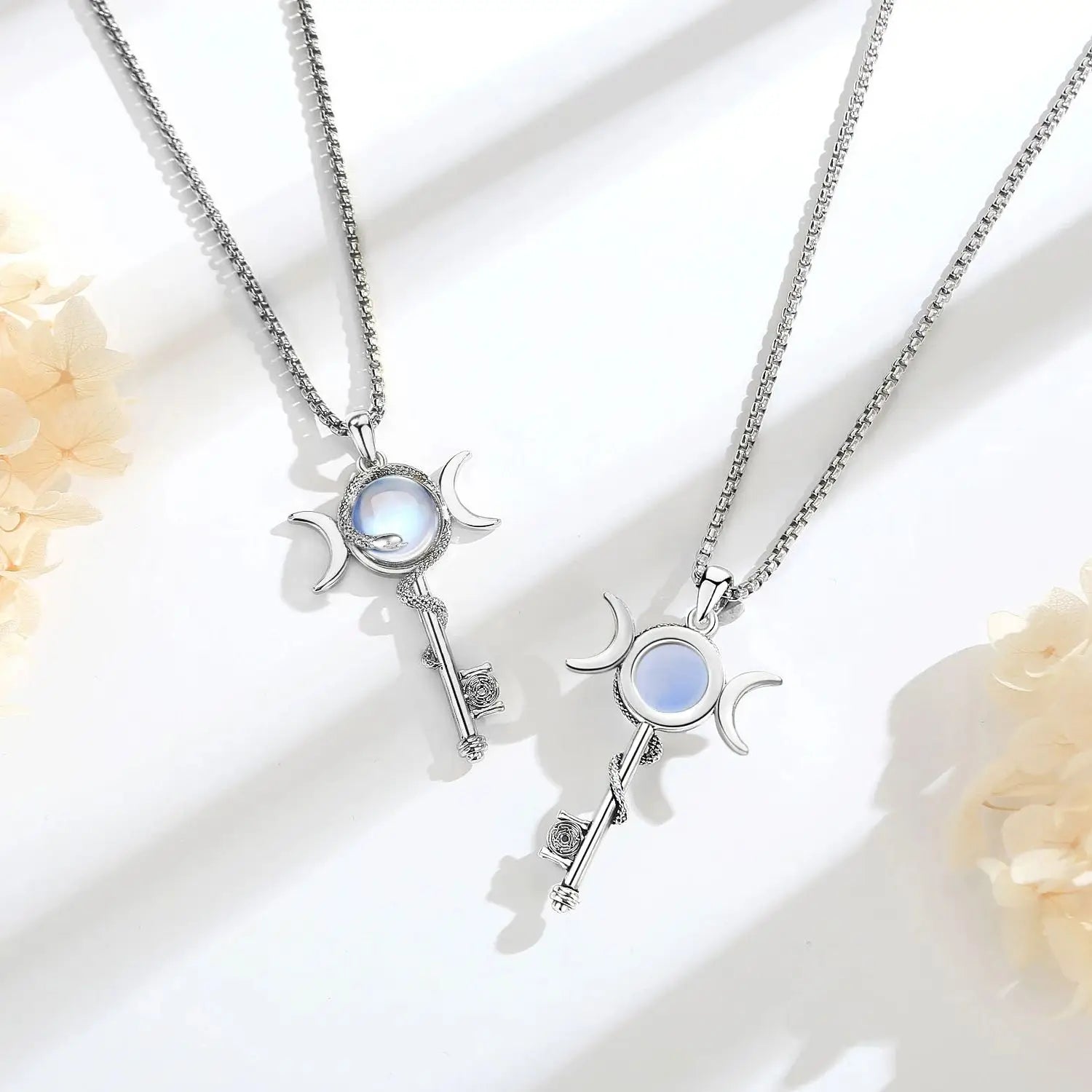 Hecate Key & Triple Moon Goddess Pendant with Moonstone, Sacred Witch Amulet