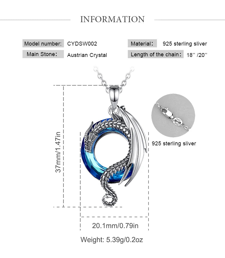 Dragon Amulet Necklace with Austrian Crystal, S925 Sterling Silver