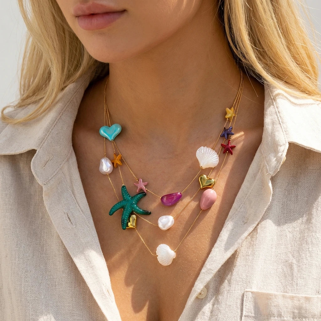 Tropical Starfish Heart and Shell Triple Layer Necklace