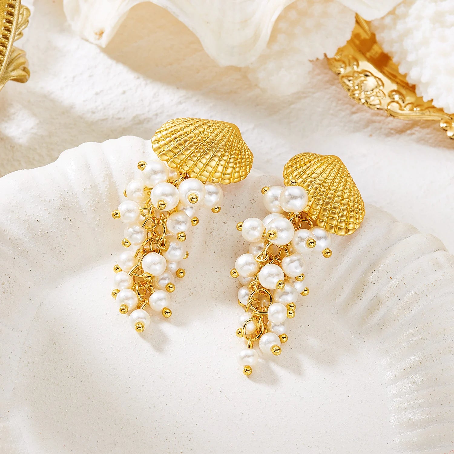 Pearl and Seashell Clustered Tassel Dangle Earrings