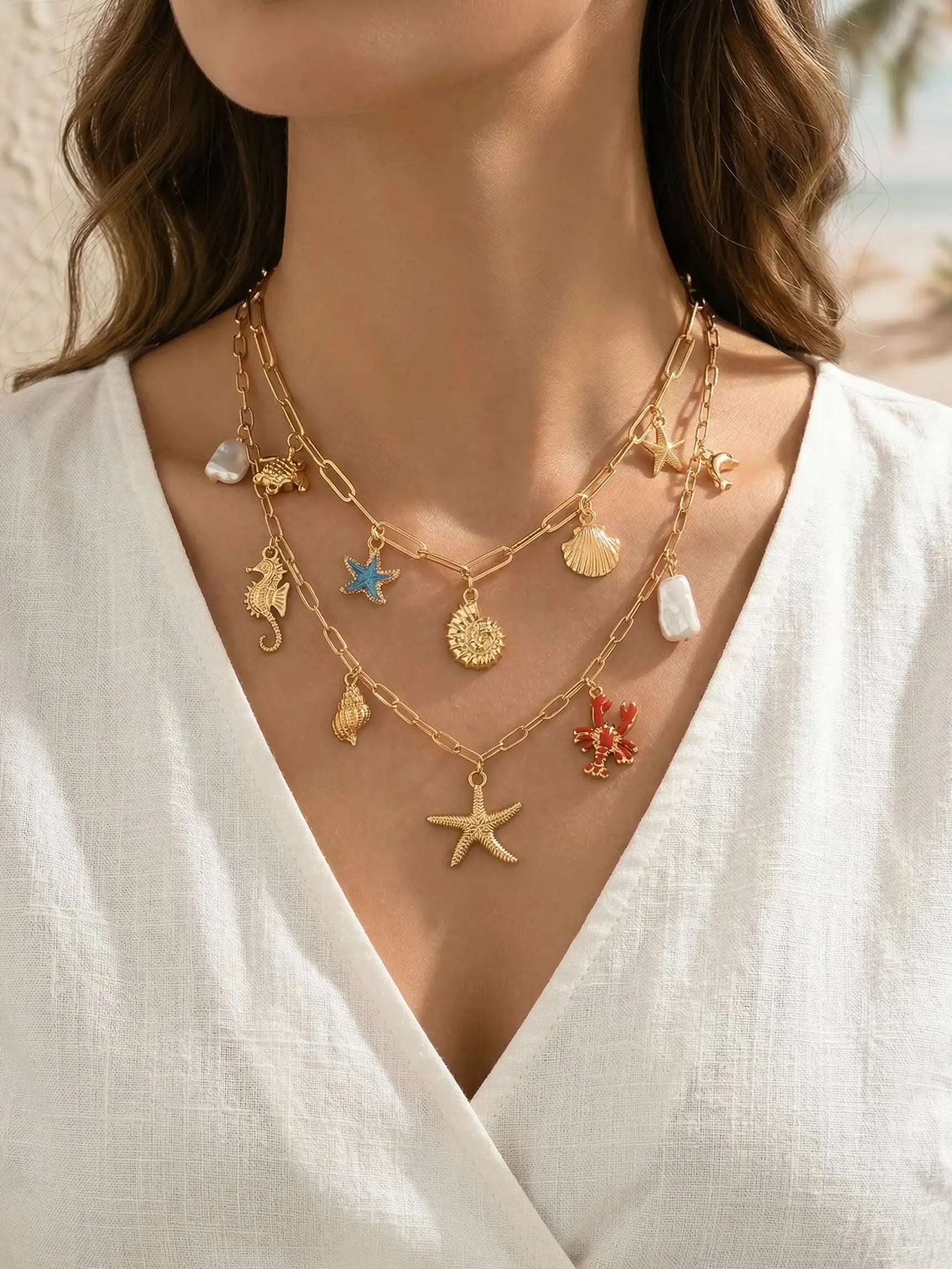 Layered Ocean Charm Paperclip Chain Boho Necklace Set