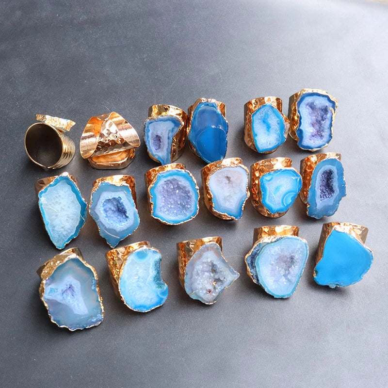 Irregular Natural Geode Stone Rings Agate Slices Wide Open Ring for Women Men Boho Resizable Finger Jewelry - Charlie Dolly