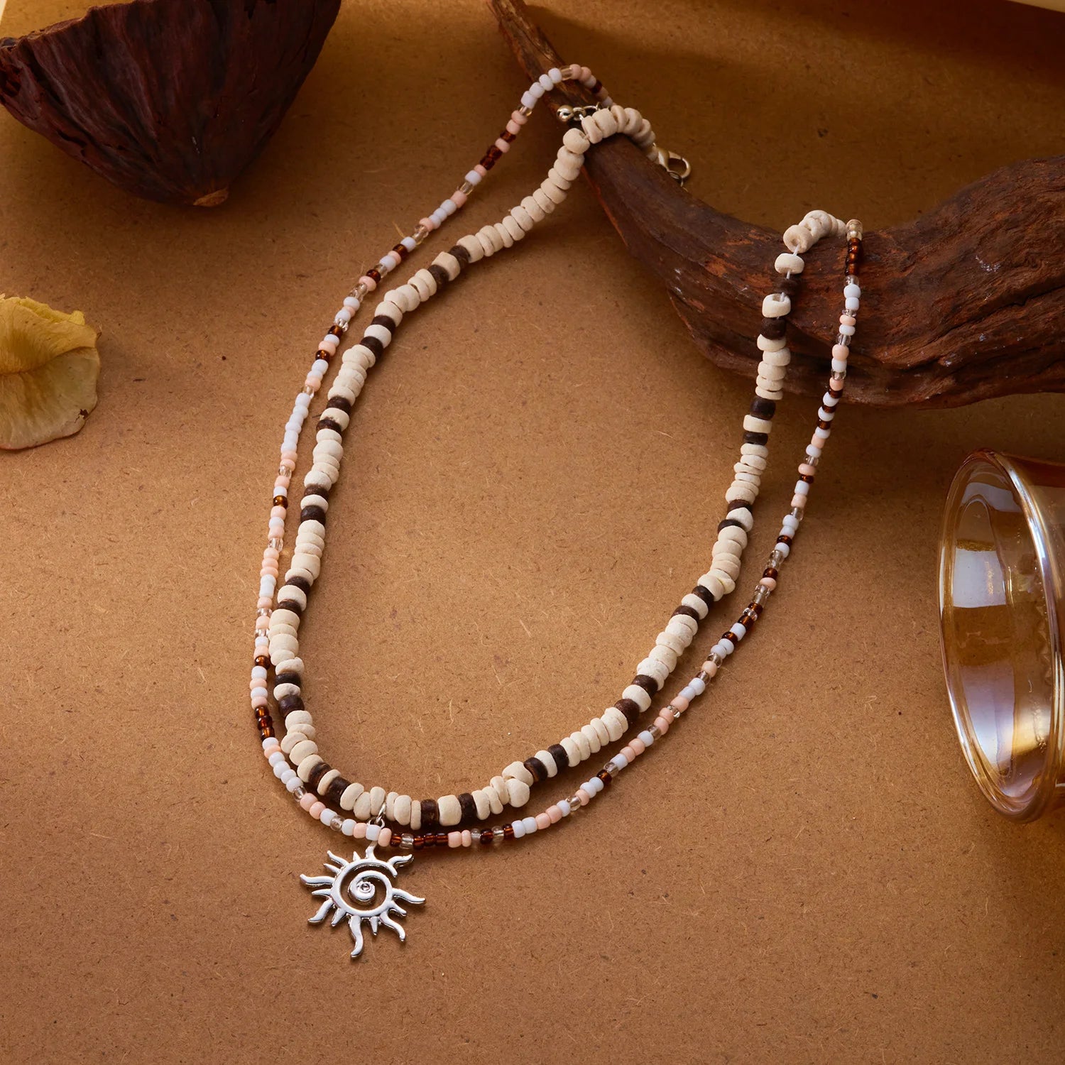 Sun Pendant Heishi Wood Bead Choker Necklace Jewelry