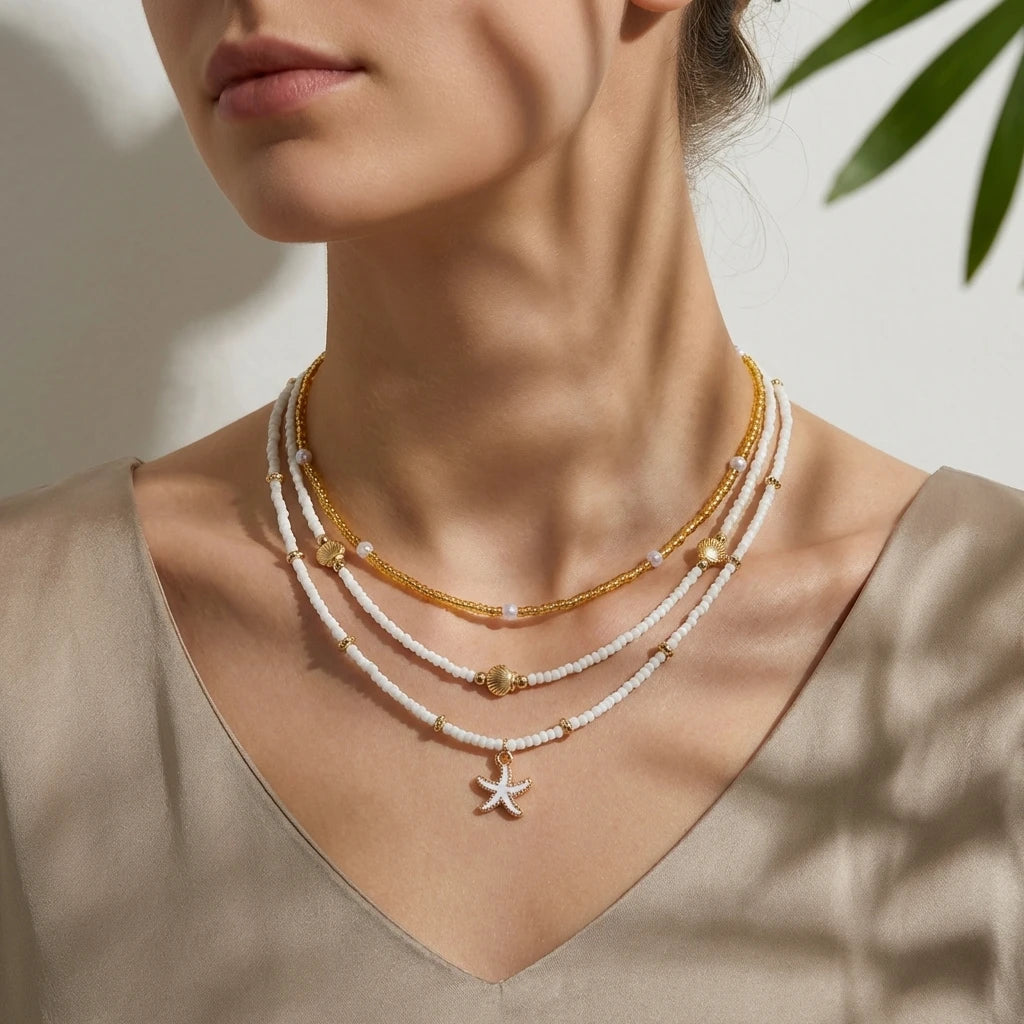 Ocean Layered Starfish and Shell Beaded Necklace Set