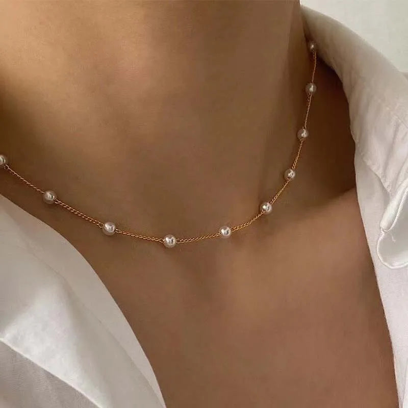 Kpop Pearl and Chain Bead Choker Necklace