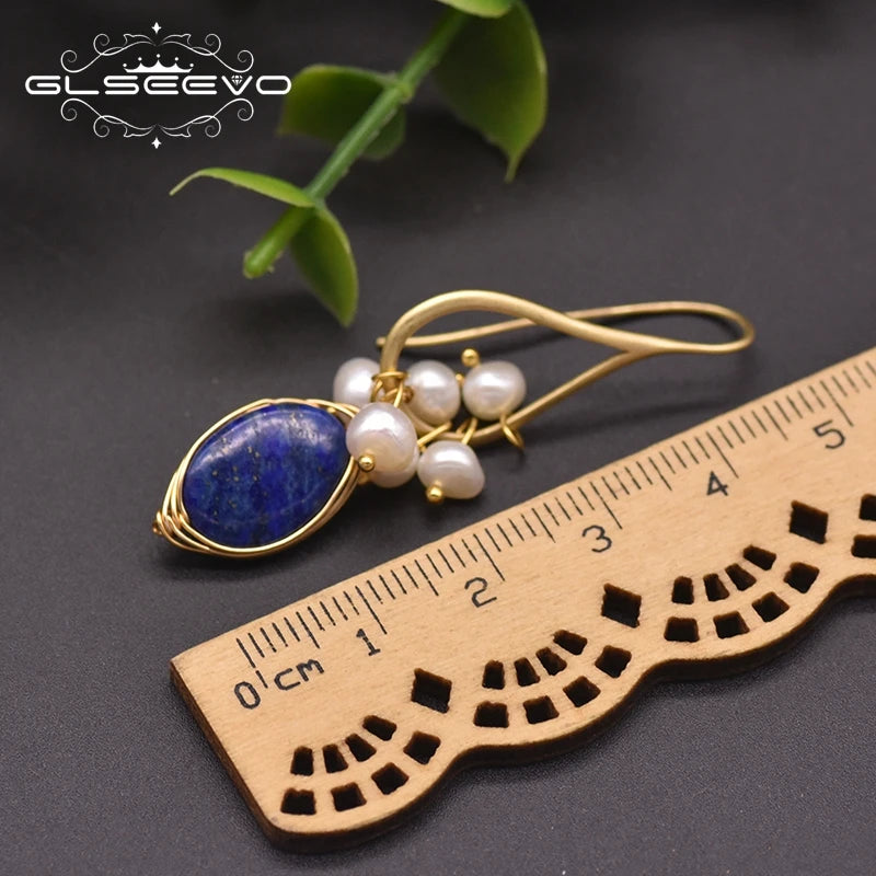 GLSEEVO Natural lapis lazuli Pearl Temperament Drop Earrings Women Girls Party Gift Original Design Luxury Jewellery Gift GE0988 - Charlie Dolly