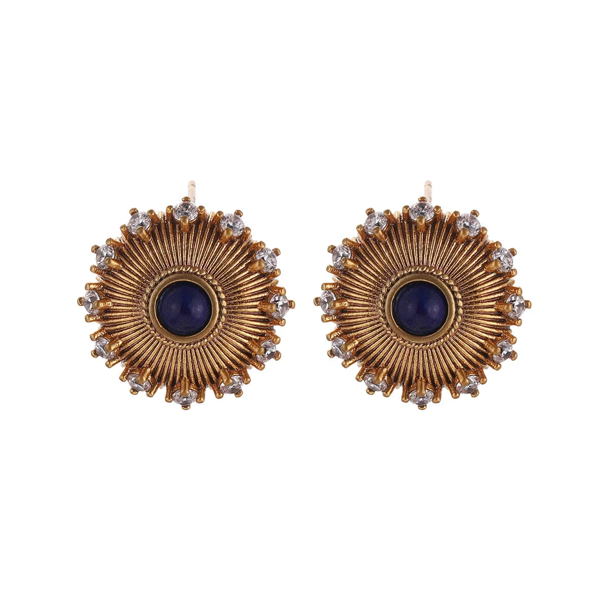 Women's Vintage Gold Plated Lapis Lazuli Sunburst Stud Earrings with Zircon Crystal Accents, Fashion Jewelry Gift - Charlie Dolly