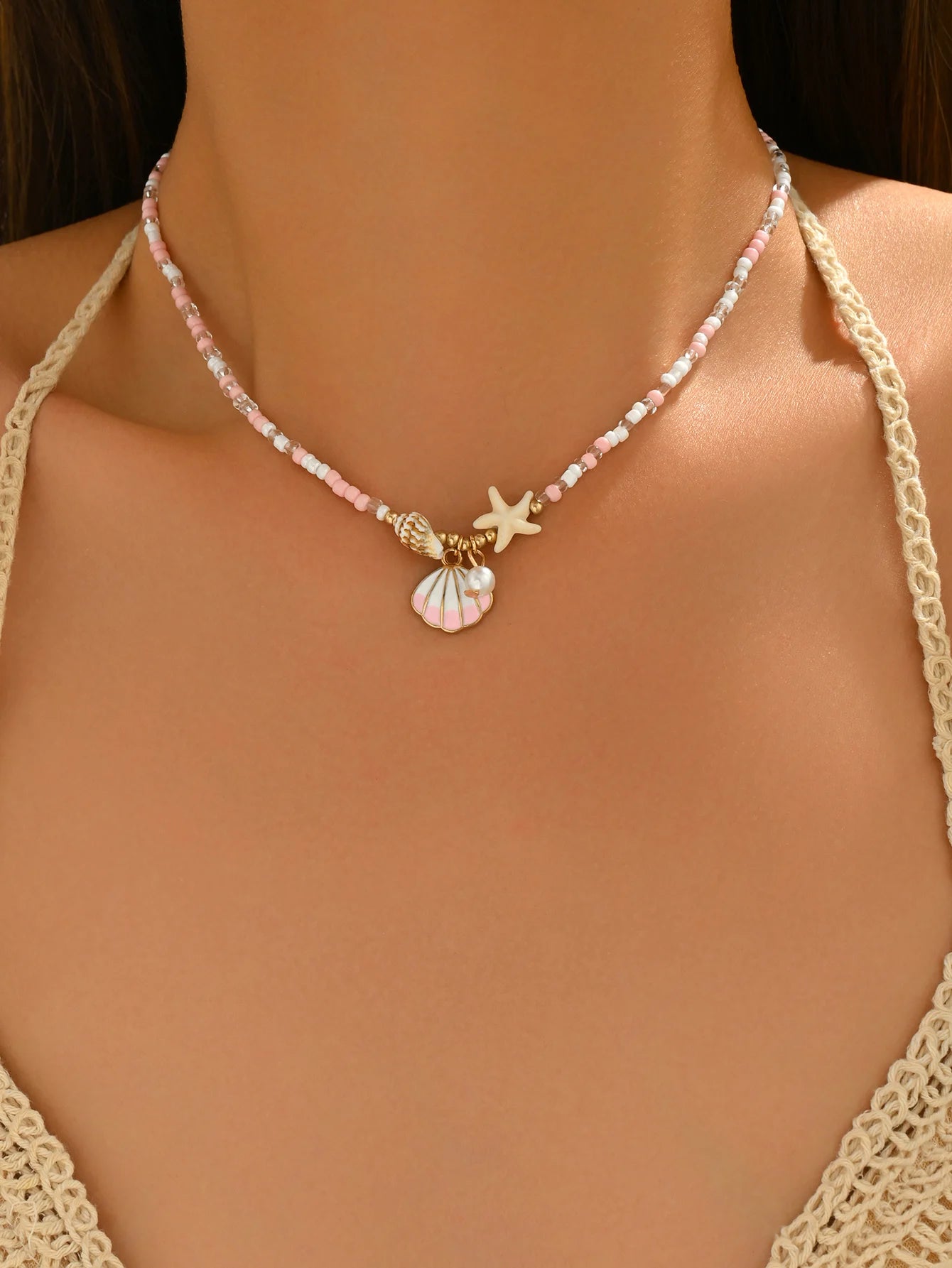 Pink Pearl and Shell Beaded Choker Necklace