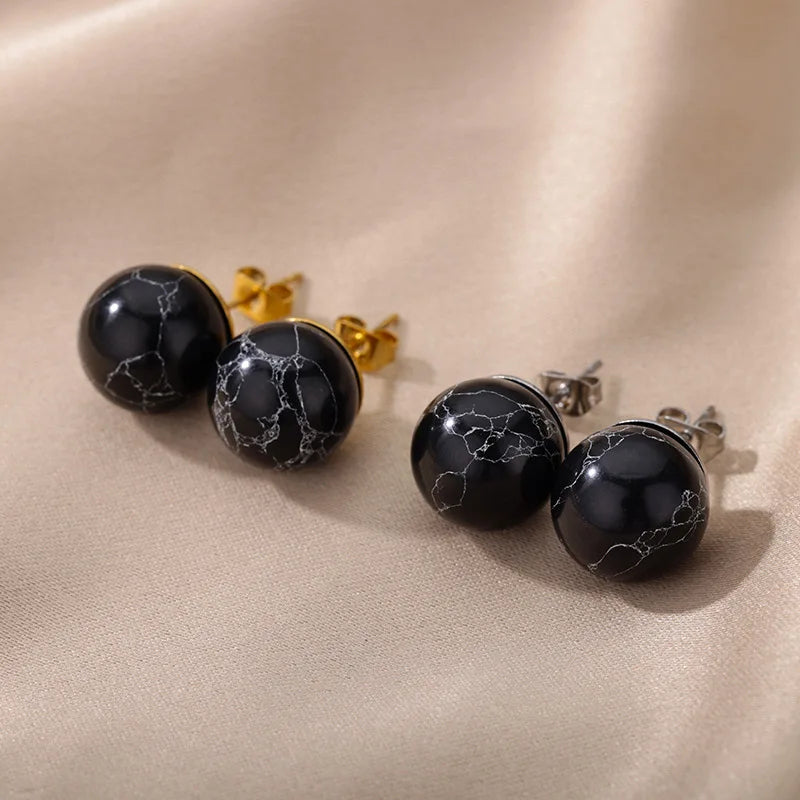 1 Pair Natural Stone Stud Earrings For Women Men Round Turquoises Tiger Eye Lapis Lazuli Beads Earring Fashion Jewelry Gift - Charlie Dolly