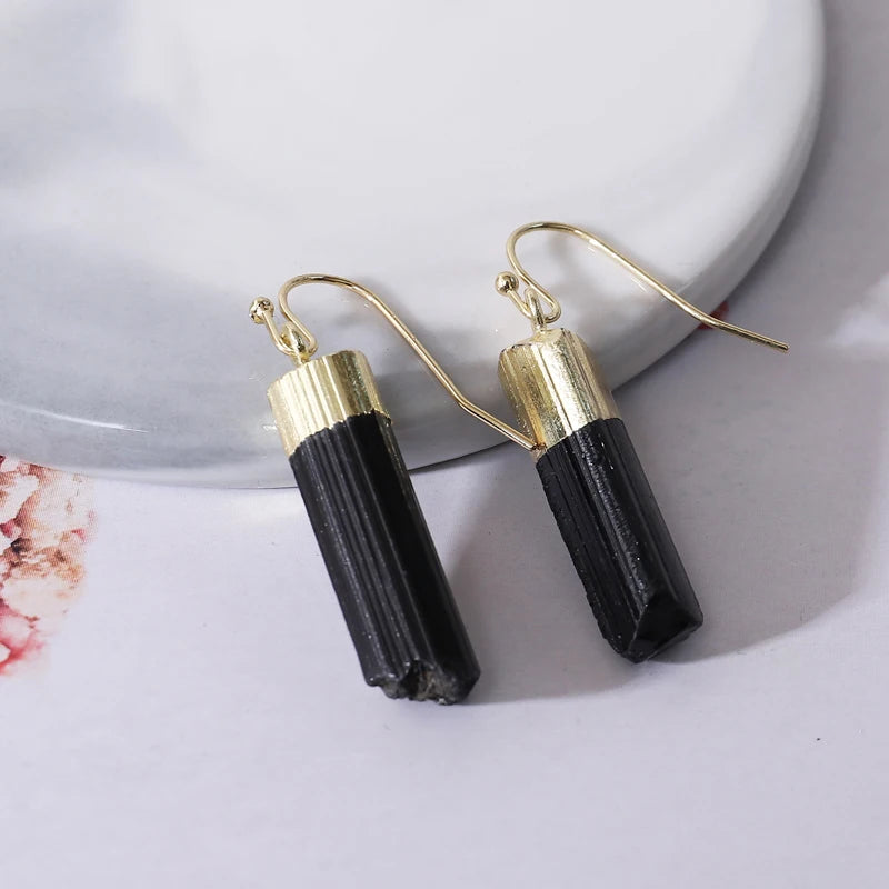 Raw Black Tourmaline Drop Earrings, Natural Crystal Healing Vintage Jewelry
