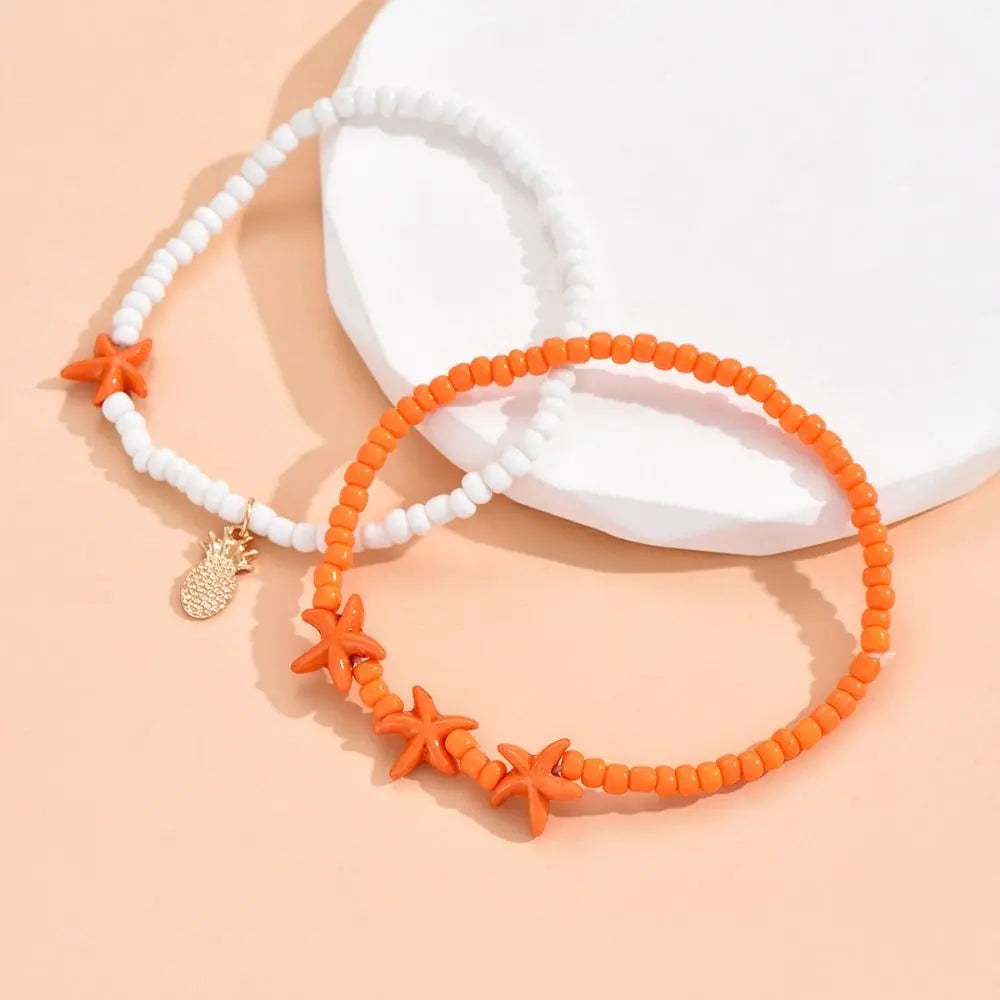 Starfish, Conch Shell and Flower Bead Boho Anklet