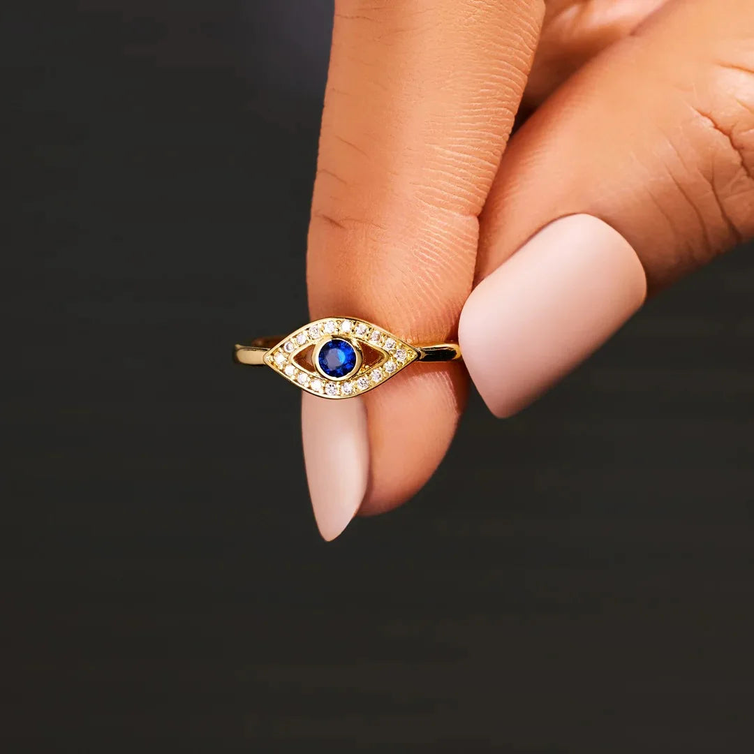 Evil Eye Protection Ring, 14K Gold Zirconia Turkish Nazar Amulet