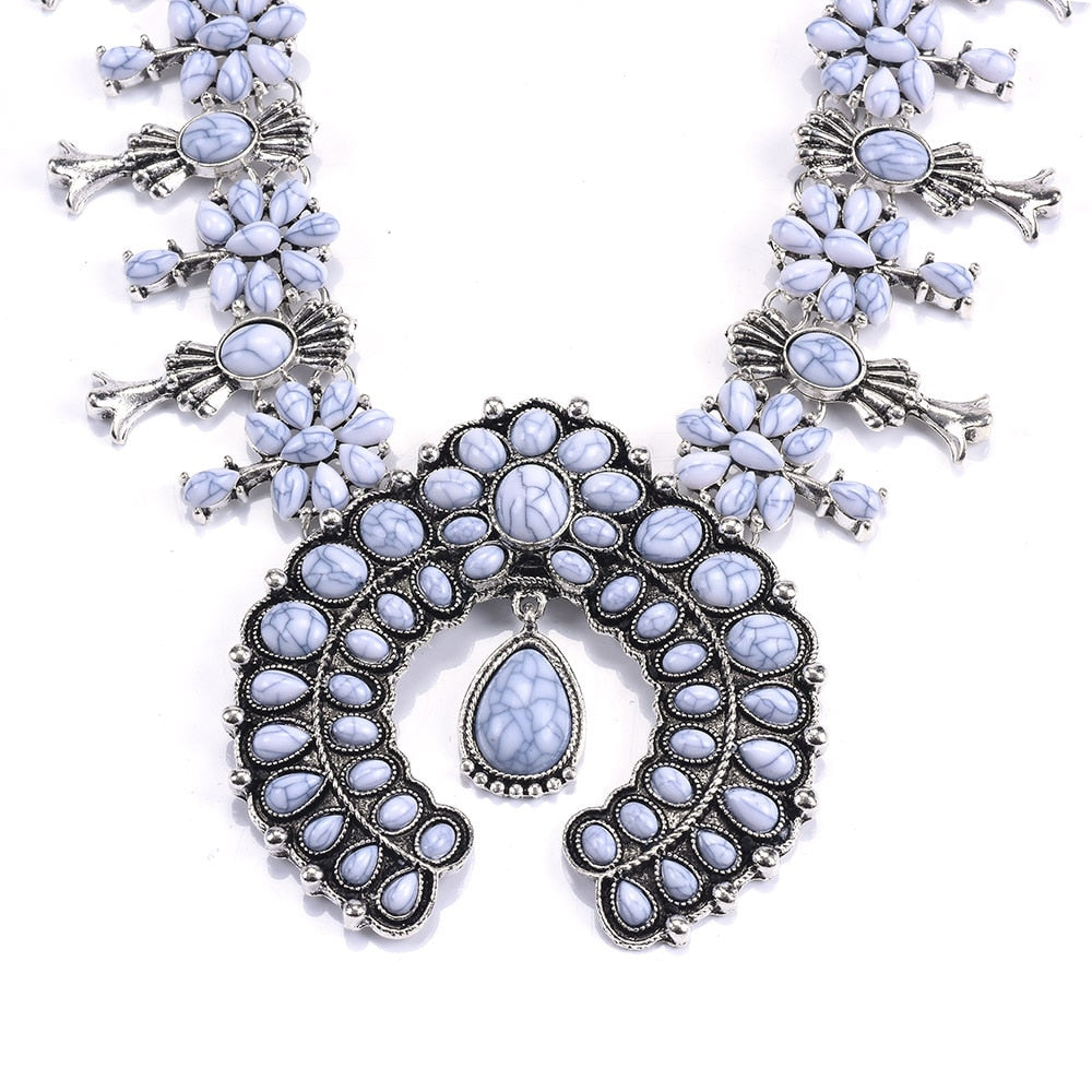 Western Jewelry American Tribal Big Chunky Bold Statement Accessories Femme Squash Blossom Turquoise Necklace for Women