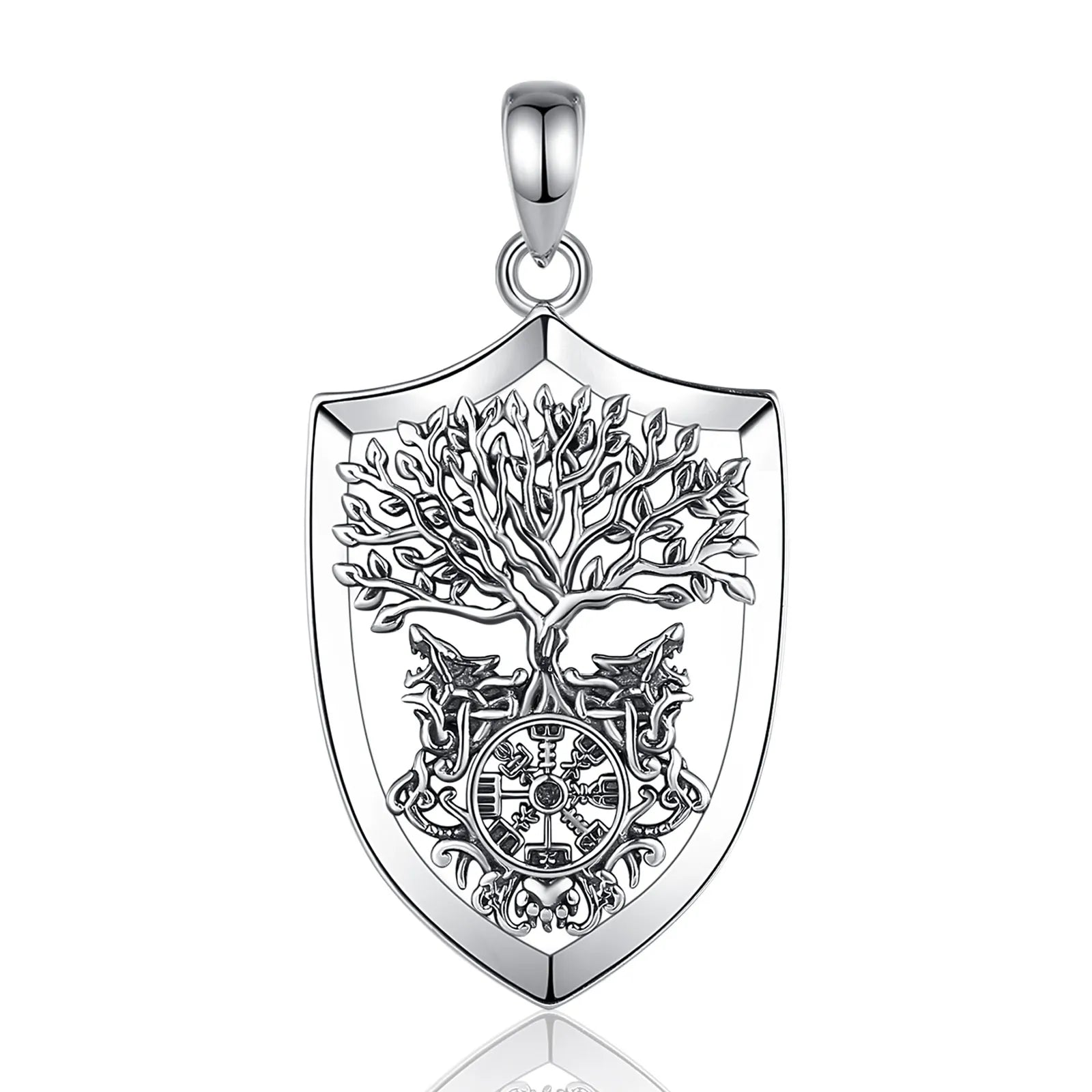 S925 Sterling Silver Viking Yggdrasil Compass Pendant Necklace, Tree of Life Wolf Norse Amulet
