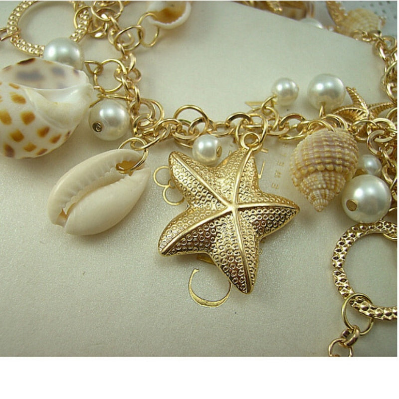 Conch Shell Starfish Simulated Pearl Necklace Sweet Fashion Sea Star Starfish Plated Multitiered Necklaces & Pendants For Women