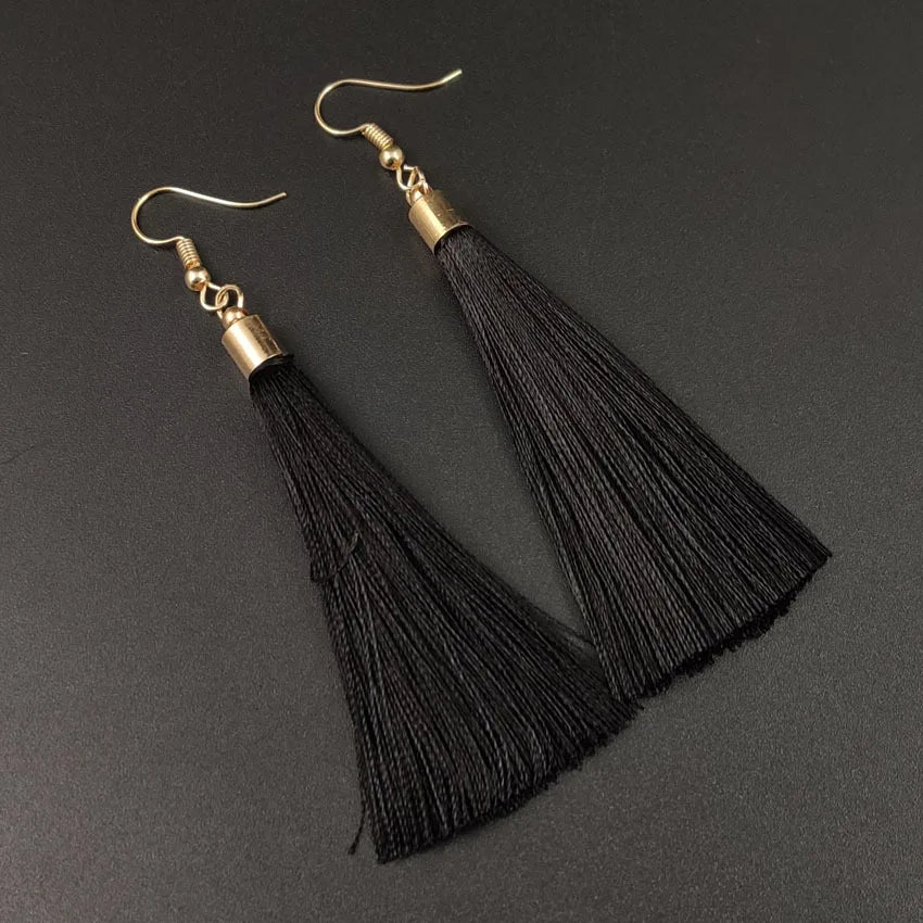 Silk Rose Flower Crystal Long Tassel Earrings Jewelry
