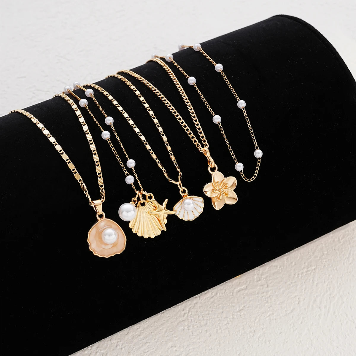 Starfish, Shell and Pearl Flower Boho Necklace Set (5 Pieces)