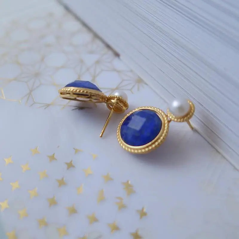 Vintage Style Exquisite Pearl Round Lapis Lazuli Earrings for Women Silver Inlaid Classic Blue Stud Earings Jewelry Gift - Charlie Dolly