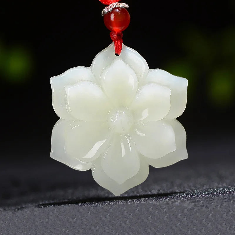 Natural White Jade Rich Flower Pendant Necklace, Hand-Carved Luxury Talisman