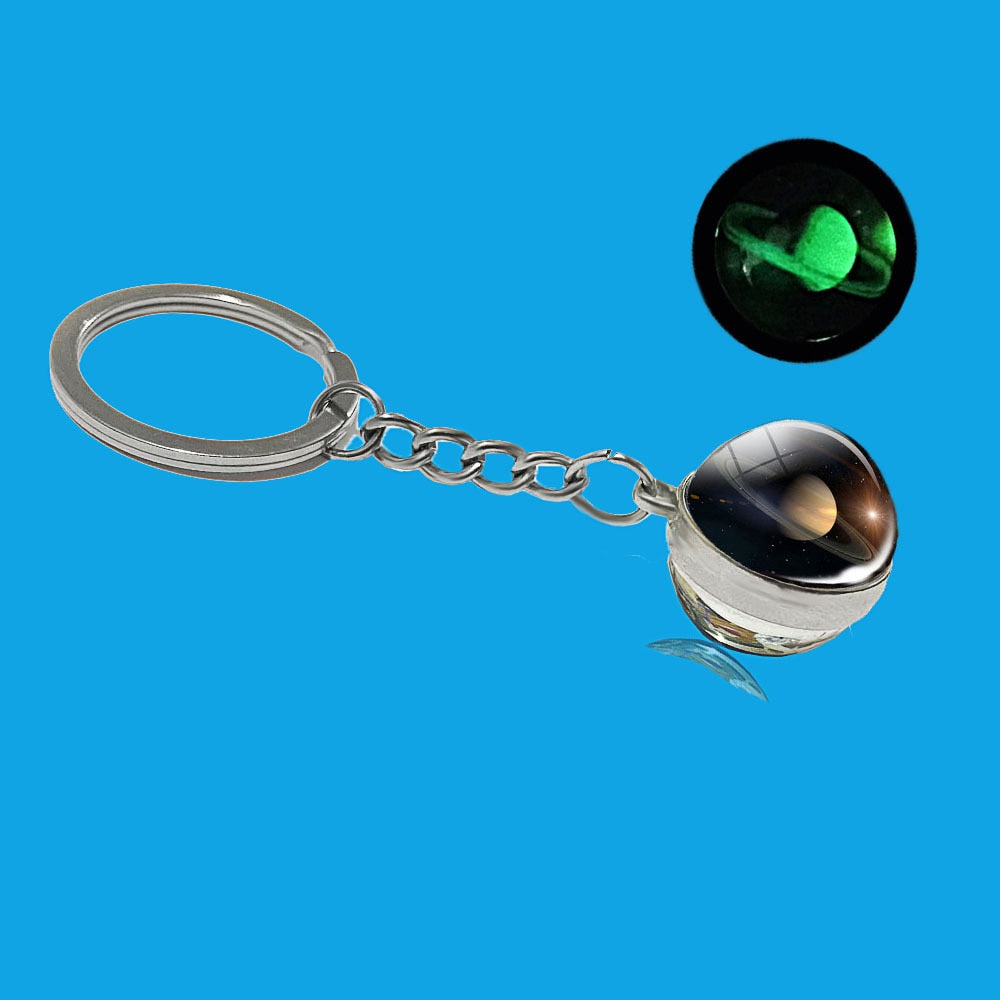 Glow In The Dark Solar System Galaxy Planet Keychain Jupter Moon Earth Mars Sun Nebula Double Side Glass Ball Key Chain Pendant