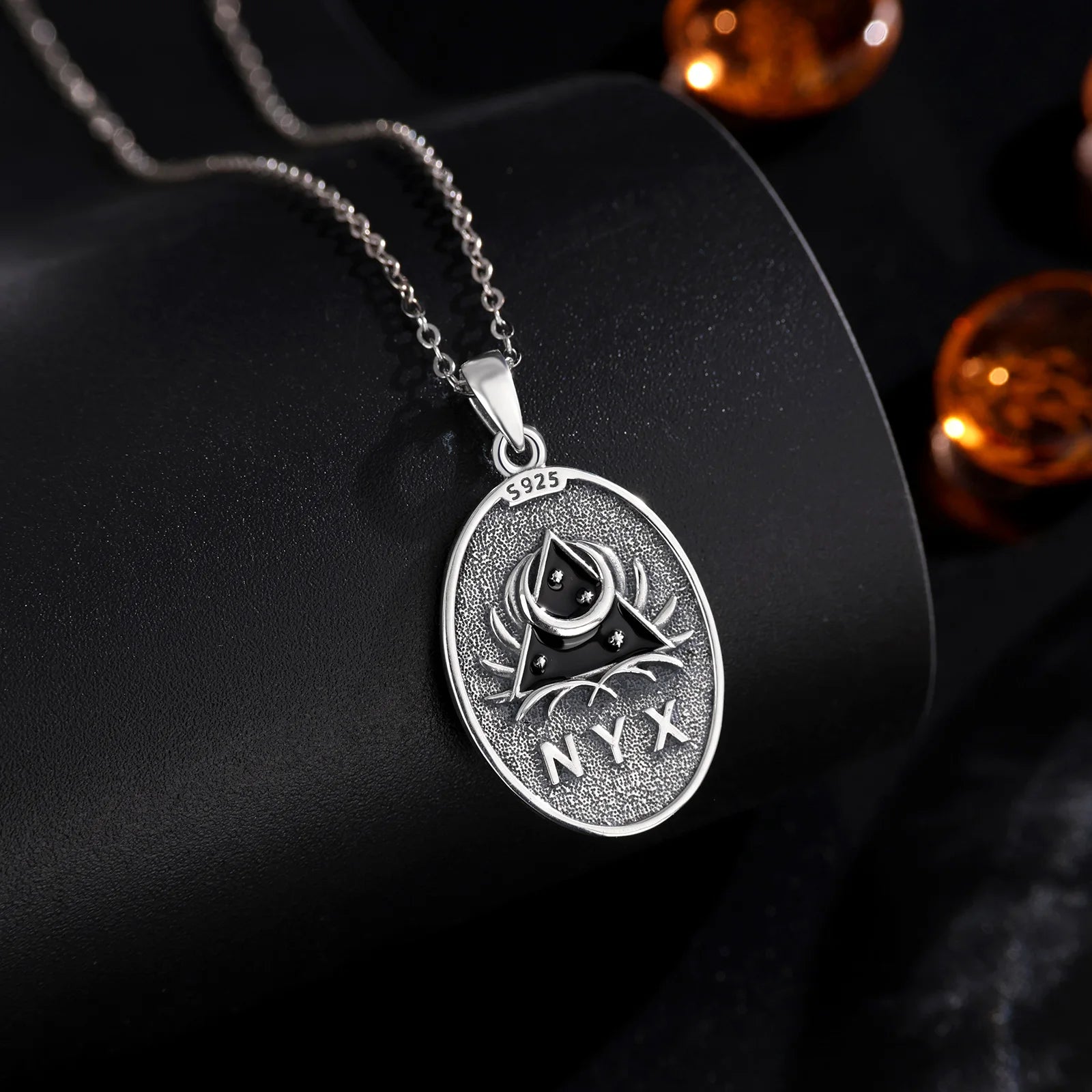 S925 Sterling Silver Nyx Moon Goddess Pendant Necklace, Dark Goddess of Night Wicca Amulet