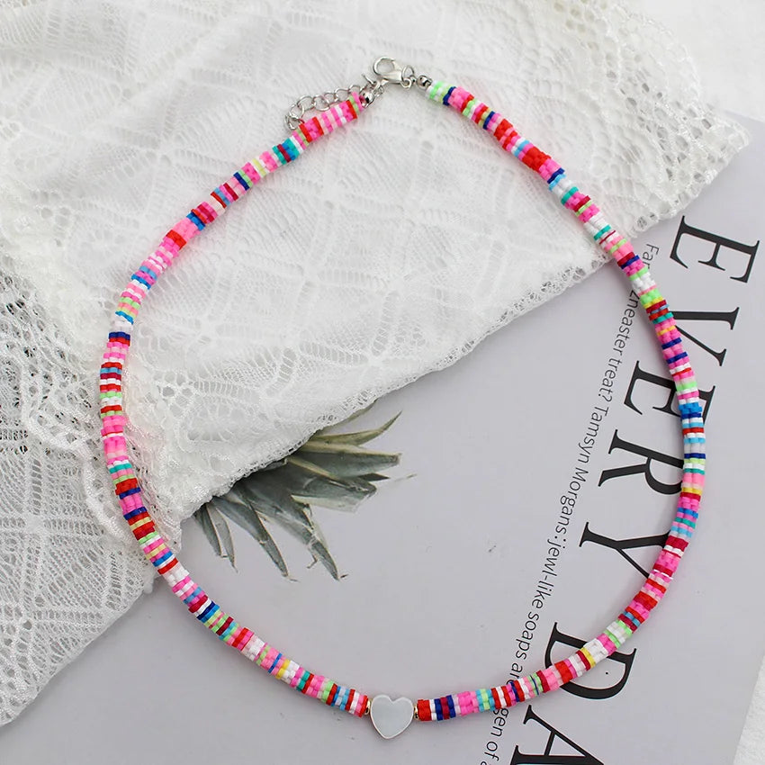 Polymer Clay Heart and Natural Shell Bead Boho Choker