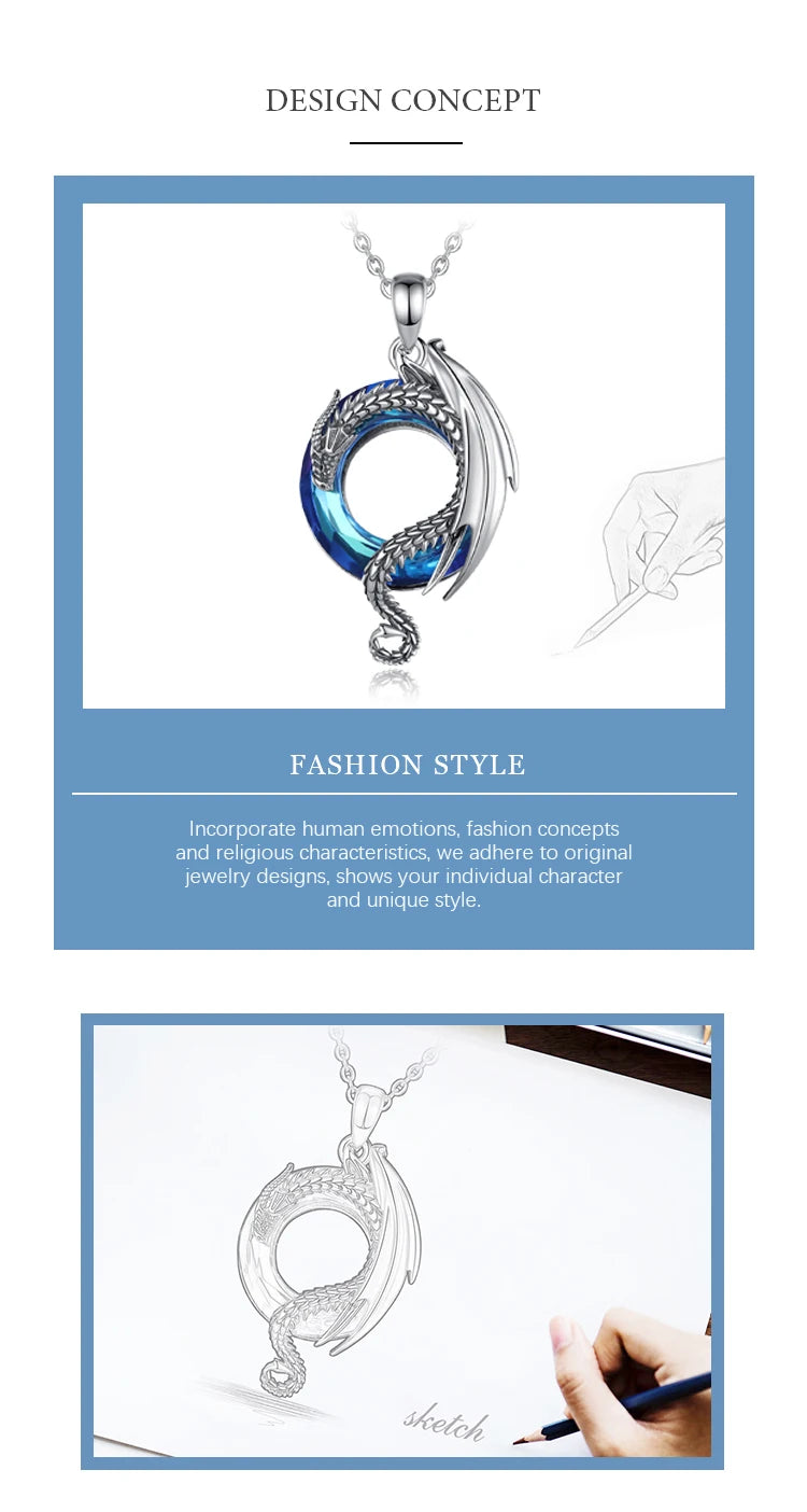 Dragon Amulet Necklace with Austrian Crystal, S925 Sterling Silver
