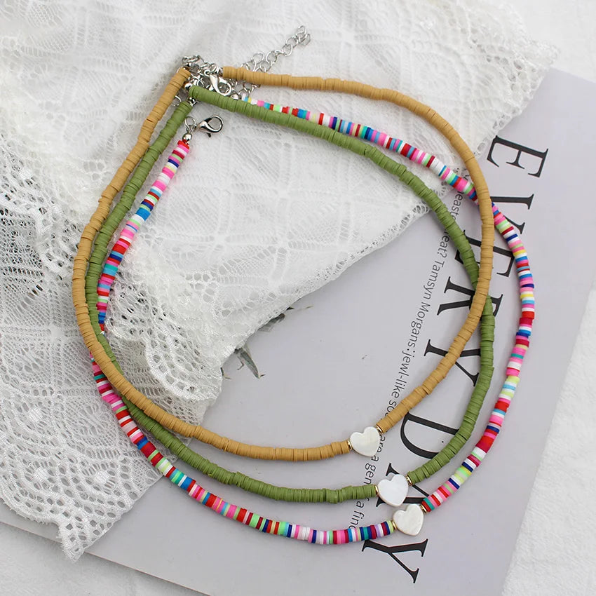 Polymer Clay Heart and Natural Shell Bead Boho Choker