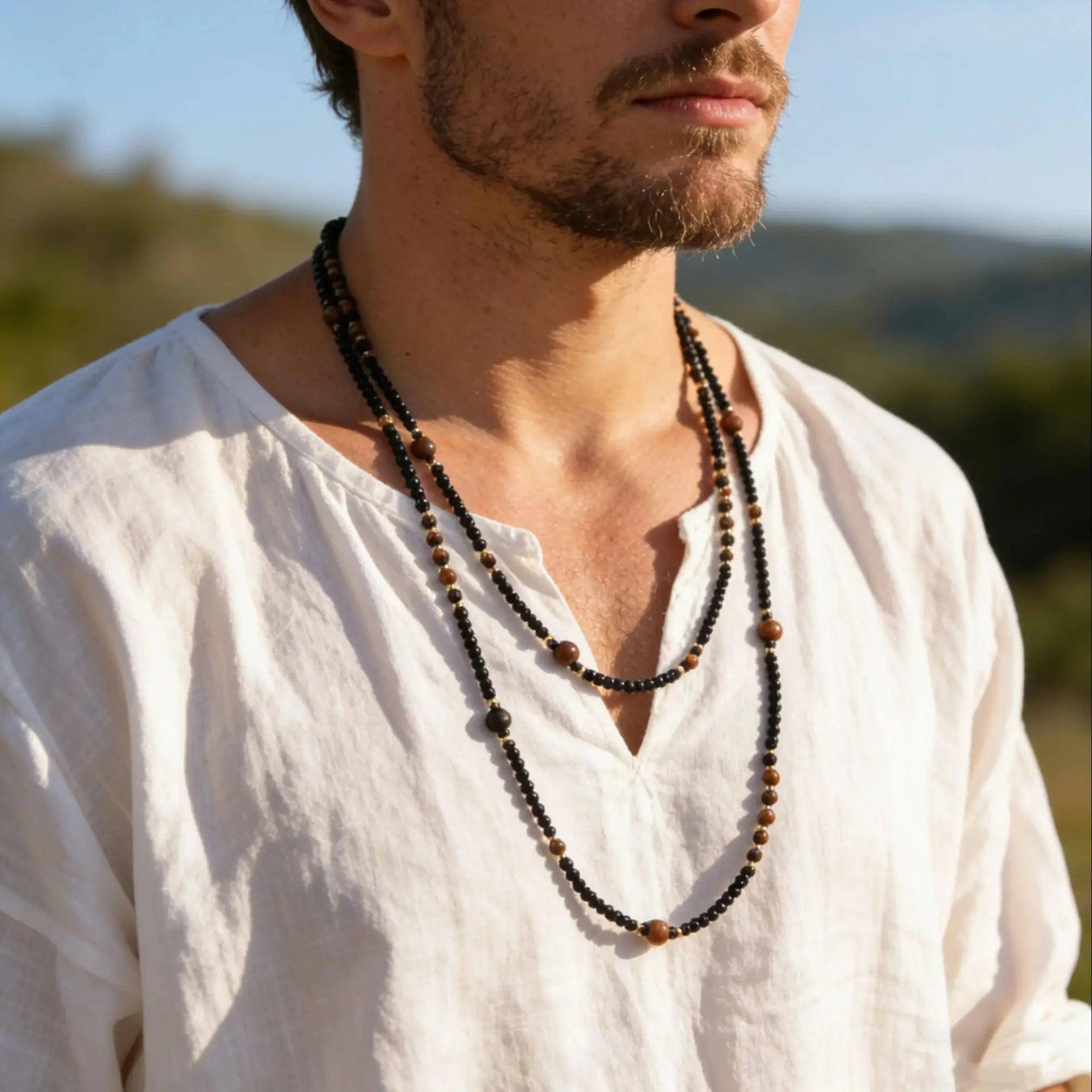 Black Agate Natural Stone Tiger Eye Beads Chain Necklace for Men, Retro Long Sweater Chain Necklace, Fashion Boho Jewelry Gift - Charlie Dolly