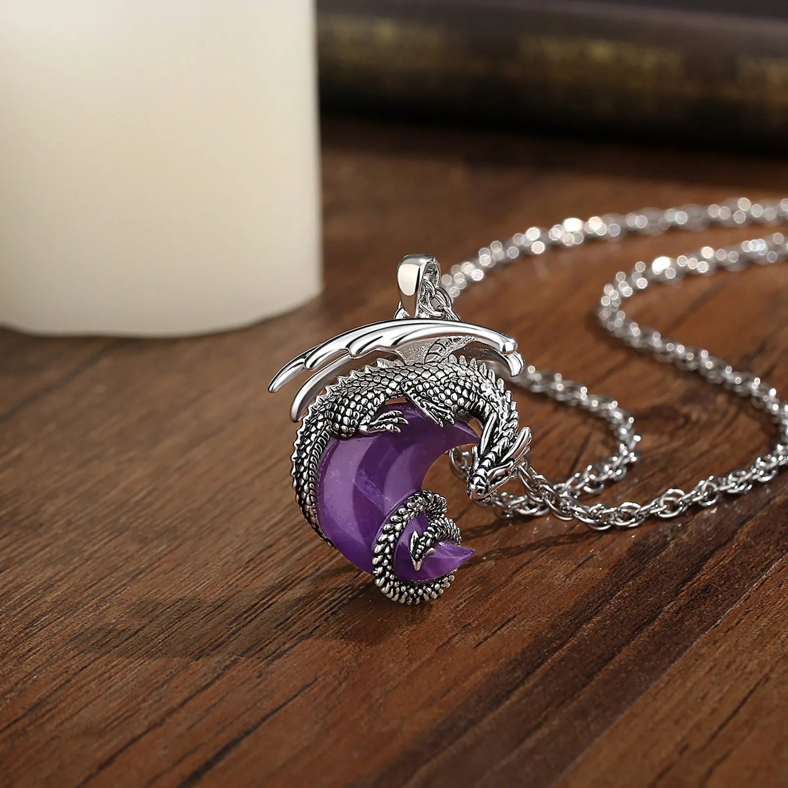 Natural Amethyst Dragon Crescent Moon Pendant Necklace, Healing Crystal Talisman