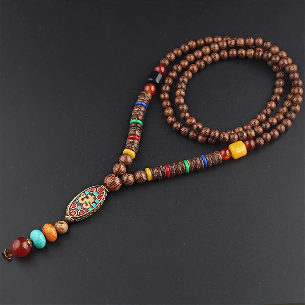 Wood Bead Long Sweater Chain Tassel Necklace Jewelry