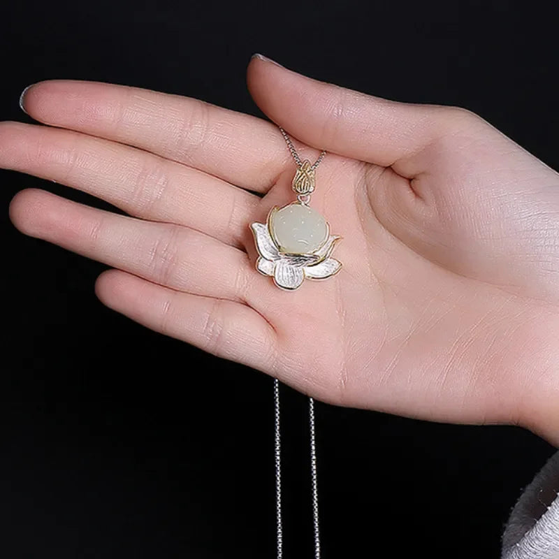 Natural Hotan Jade Lotus Flower Jewelry Set, Necklace Ring Bracelet Hairpin Boutique