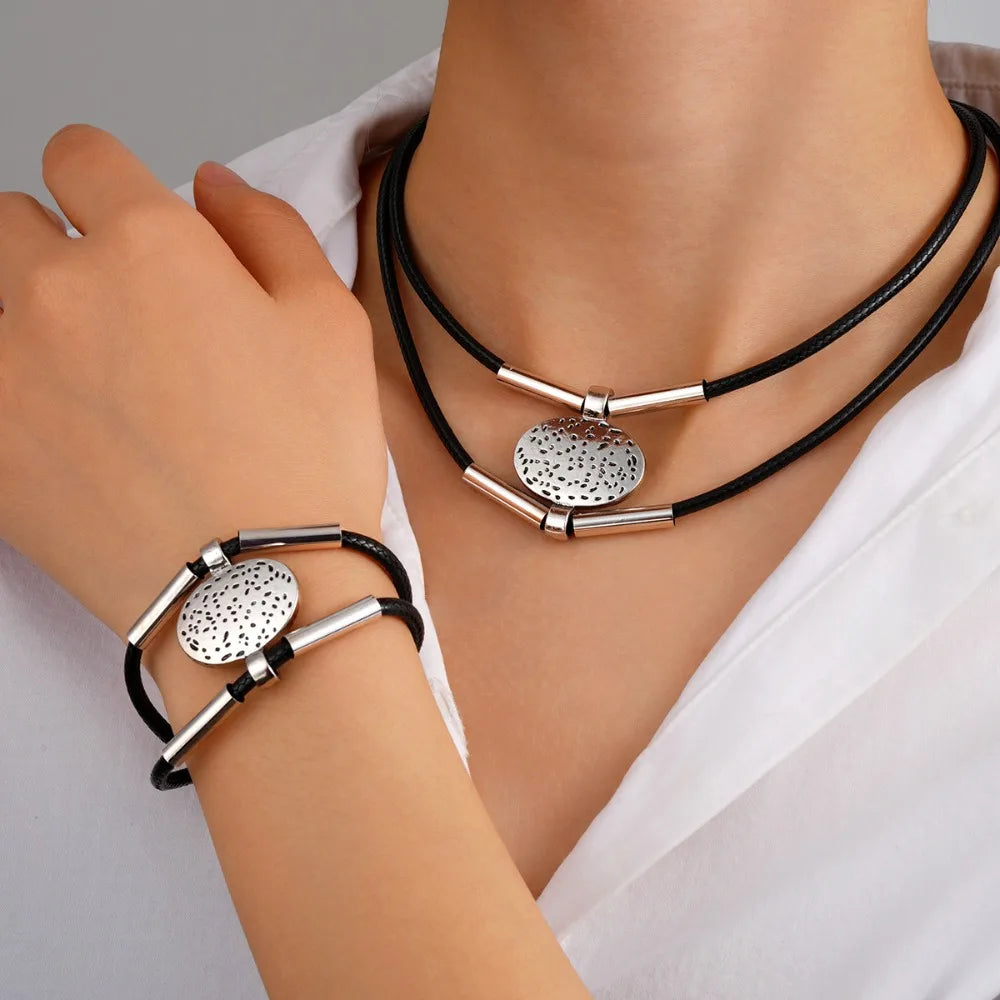 Leather Rope Oval Pendant Necklace Bracelet Set Jewelry